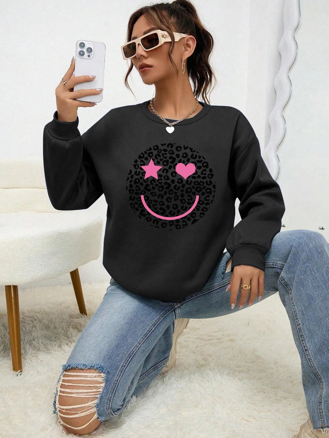 Leopard Print Happy Face Love  Printed Sweatshirt Womens Autumn Soft Hoody Fleece Warm Hoodies Street All-Match Female Pullover