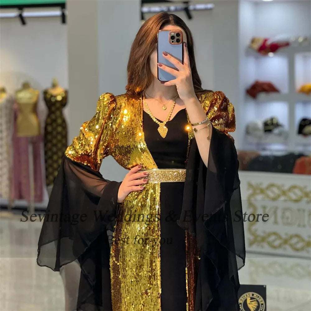 Customized Luxury Black Gold Mermaid Evening Dress V-Neck Long Flare Sleeves Sequin Prom Gown Belt Floor Length Algerian Outfit