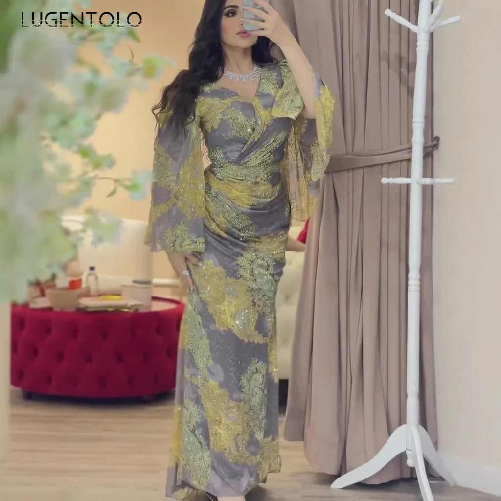 Women Chiffon Sexy Dress Big Swing Print Banquet Long Sleeve V-neck Slim Lady Elegant Cocktail Party Empire New Clothing