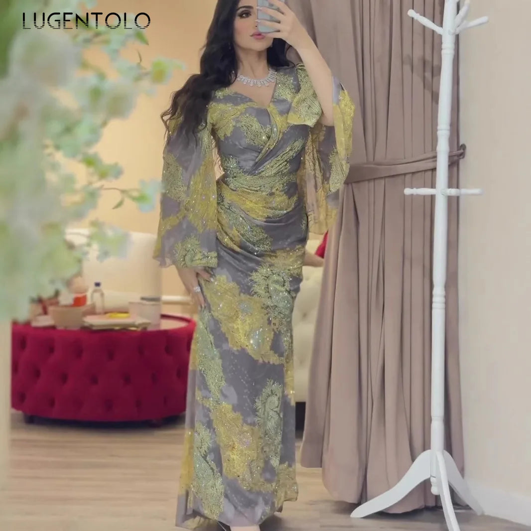 Women Chiffon Sexy Dress Big Swing Print Banquet Long Sleeve V-neck Slim Lady Elegant Cocktail Party Empire New Clothing