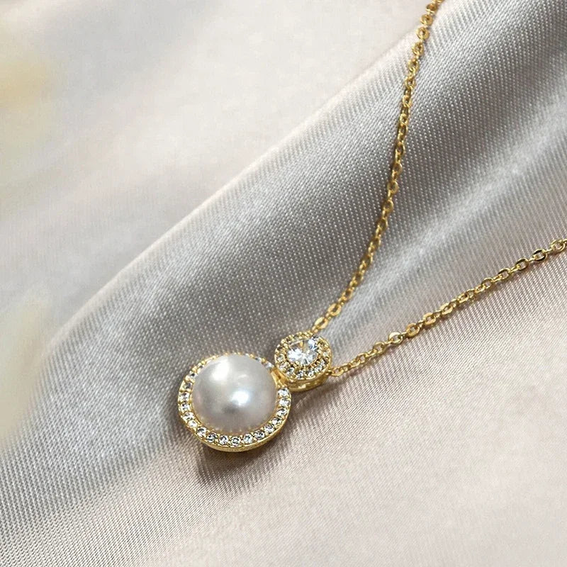 Huitan Aesthetic Imitation Pearl Pendant Necklace with Shiny CZ Trendy Graceful Accessories for Women Chic Engagement Jewelry