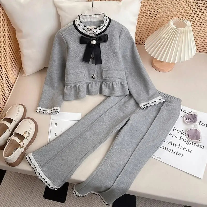 Bow Top and Bell-bottom Pants Coat Autumn Winter Suit for Girls Girls' Clothes Set Fashion Children's Clothing Girl Setup Outfit