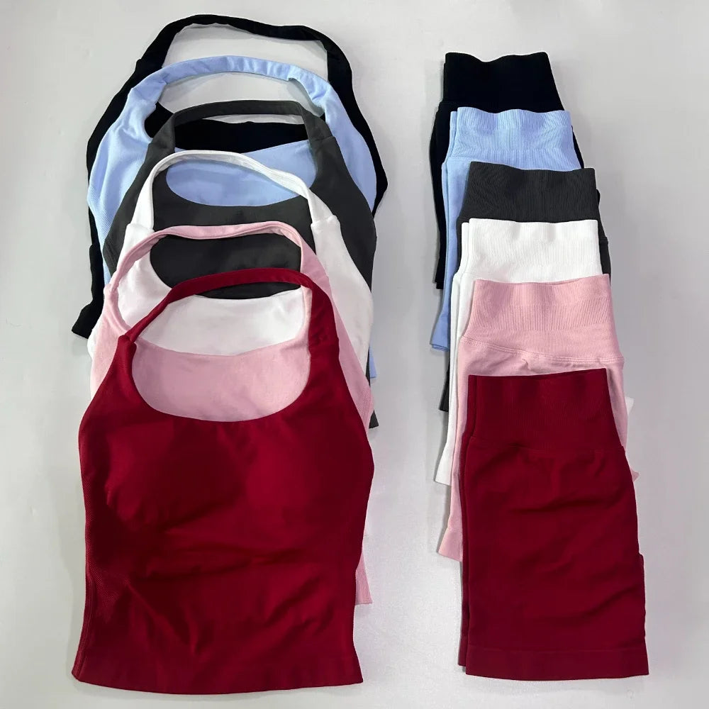 2 Pieces Sports Set Women Backless Halter Tops High Waist Seamless Hight Stretch Shorts Gym Suit Sportswear Workout Sets