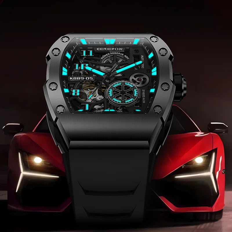 CERIEPON Automatic Mechanical Watch Men's Model Branded Hollowed Out Wine Barrel Shaped Men's Luminous Watches