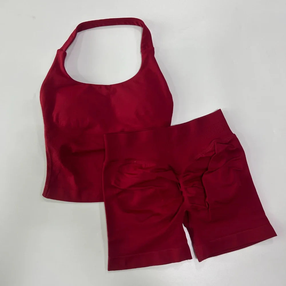 2 Pieces Sports Set Women Backless Halter Tops High Waist Seamless Hight Stretch Shorts Gym Suit Sportswear Workout Sets