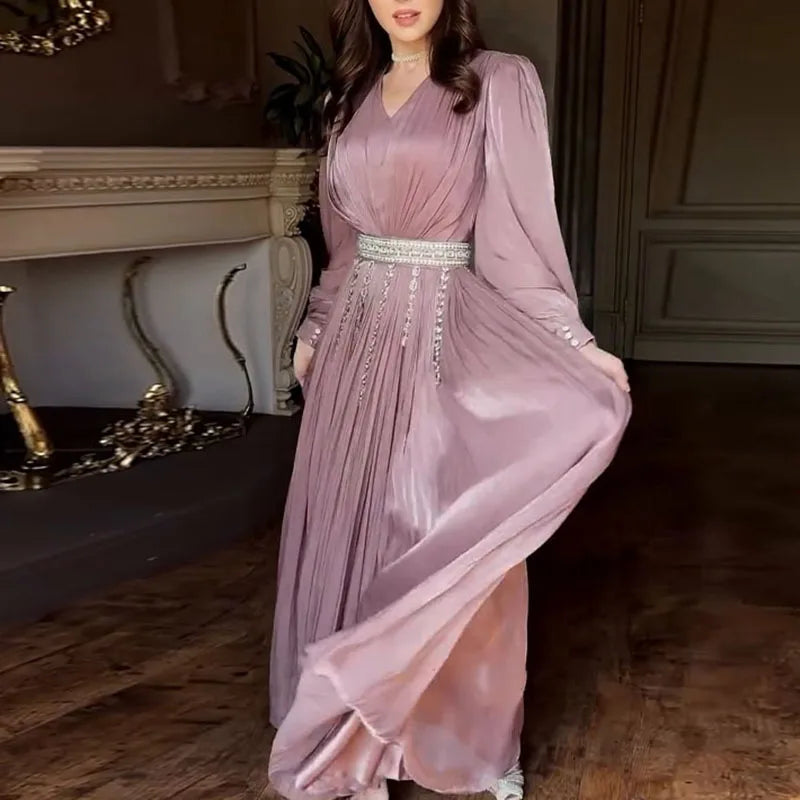 Lady Lantern Sleeve Big Hem Dresses Fashion V-neck Ruffles Gauze Evening Dress Temperament High Waist Solid Color Banquet Dress