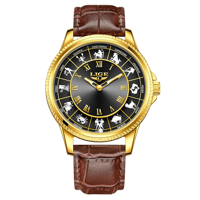 LIGE Creative Constellation Mens Watches Business Belt Man Wristwatches Luminous Waterproof Watch for Men 12 Constellations