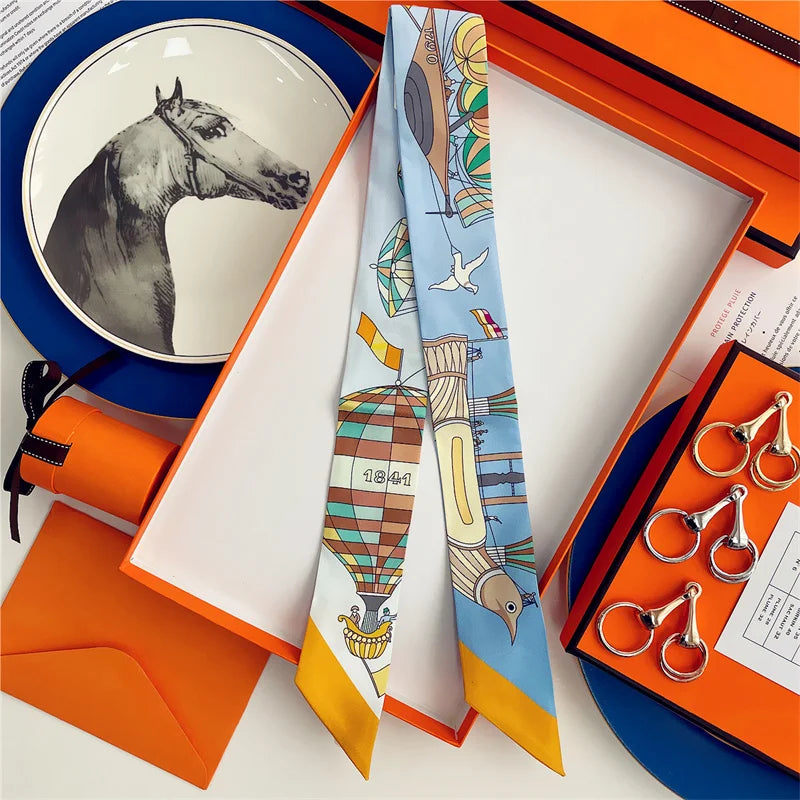 100% Silk High Quality Luxury Brand Scarf Women Headband Hair Band Foulard Tie Ribbon Neckerchief Skinny Scarves Accessories