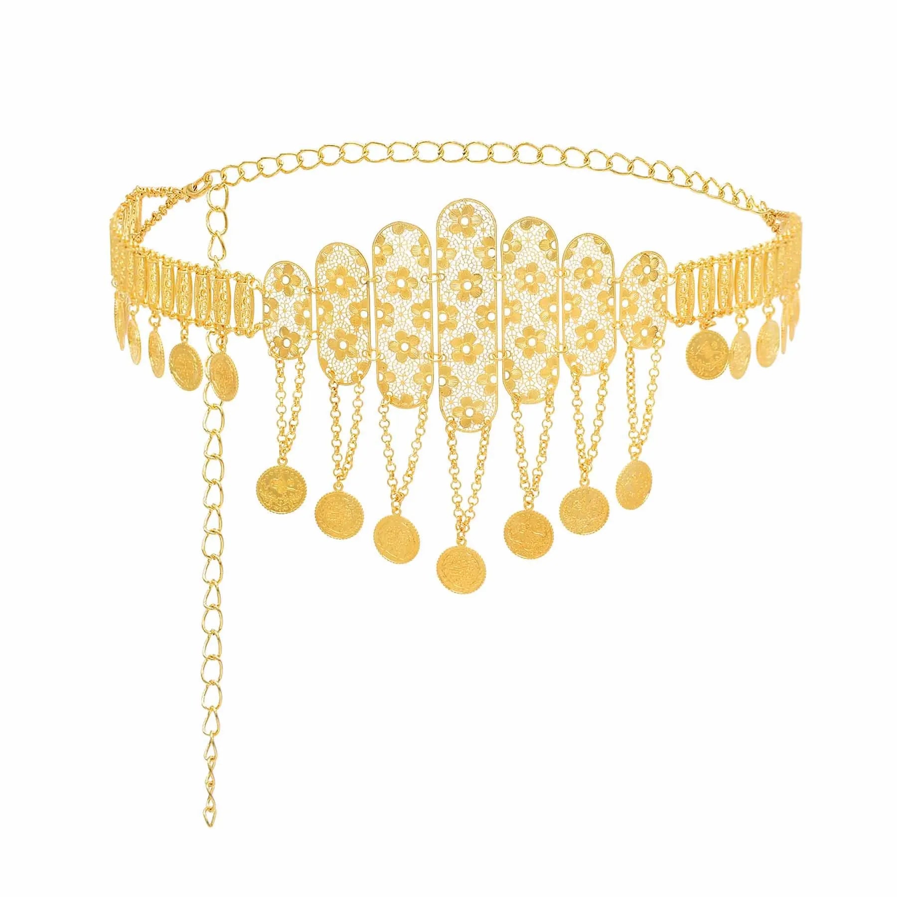 Golden Metal Coin Long Chain Belts for Women India Belly Dance Morocan Afghan Turkish Kurdistan National Dress Waistband Jewelry
