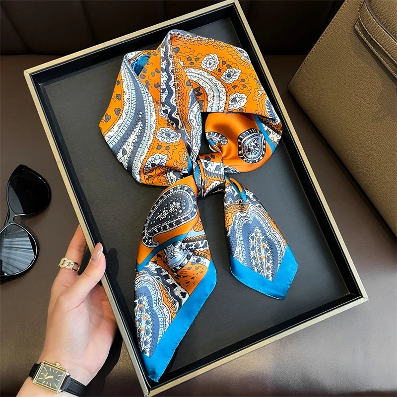 70cm Square Lemon Print Yellow Square Silk Scarf Casual Elegant Thin Breathable Neck Women Windproof Head Wrap Hair Scarves
