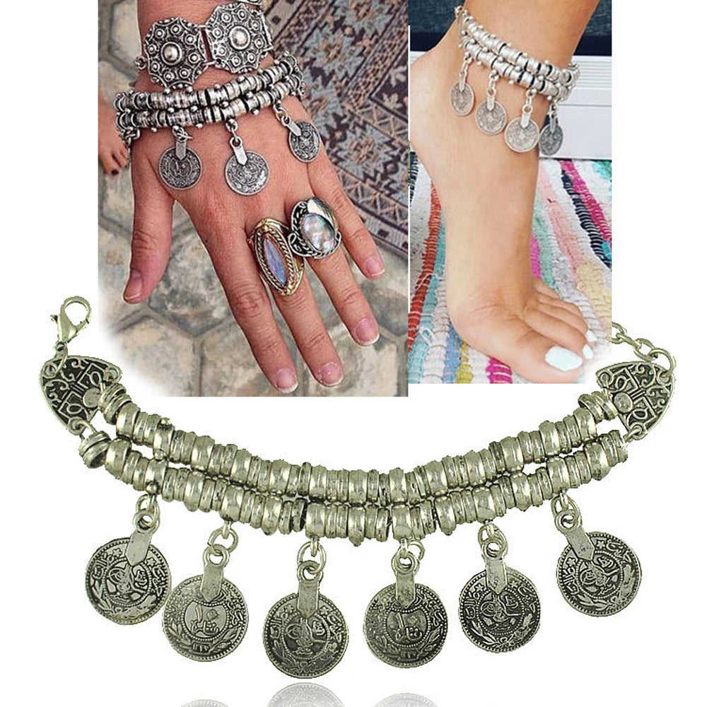 Vintage Coins Tassel Bracelet Anklet for Women Boho Gypsy Indian Ethnic Tribal Festival Statement Bangles Afghan Turkish Jewelry