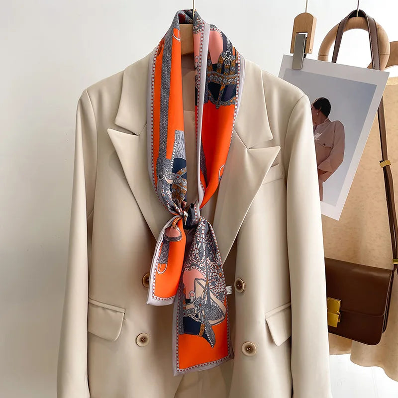 50 Color New Women Silk Feel Printed Design Scarf Shawl Fashion Luxury Long Narrow Small Silk Scarves Ladies Headband Headscarve