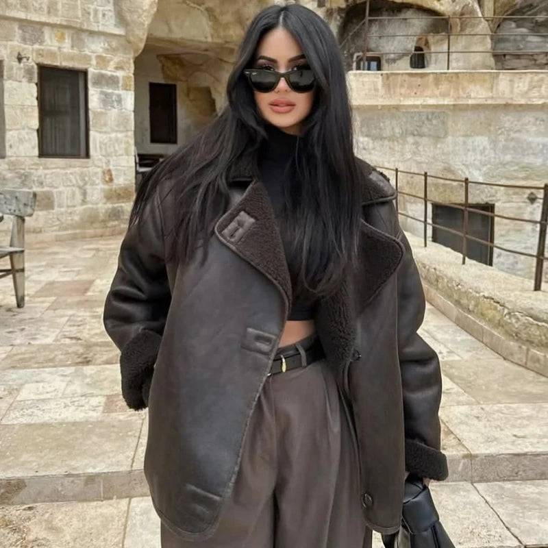 HXAO Women's Jackets Winter Coat Female Leather Faux Fur Coat Button Crop Outerwears Windbreak Waterproof Brown Long Sleeve Tops