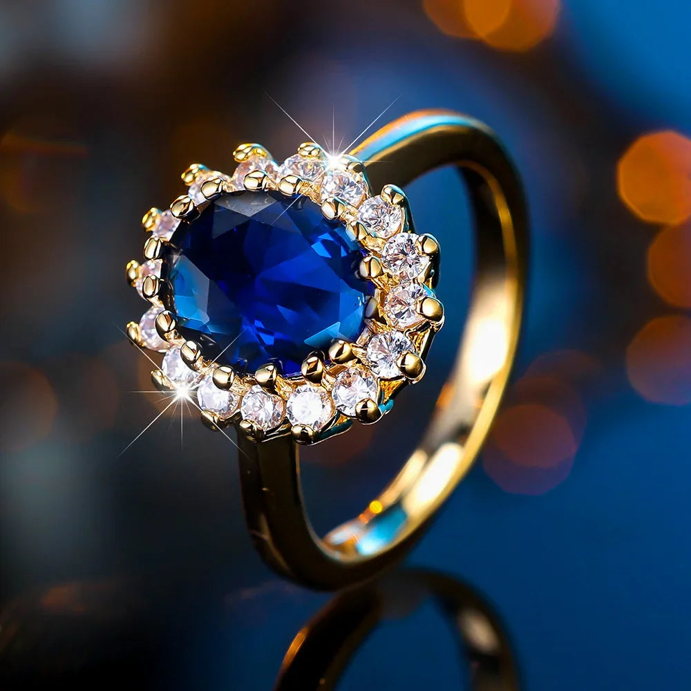 Mila Jewelry Ring, oval blue crystal with zircon stone, vintage yellow and gold