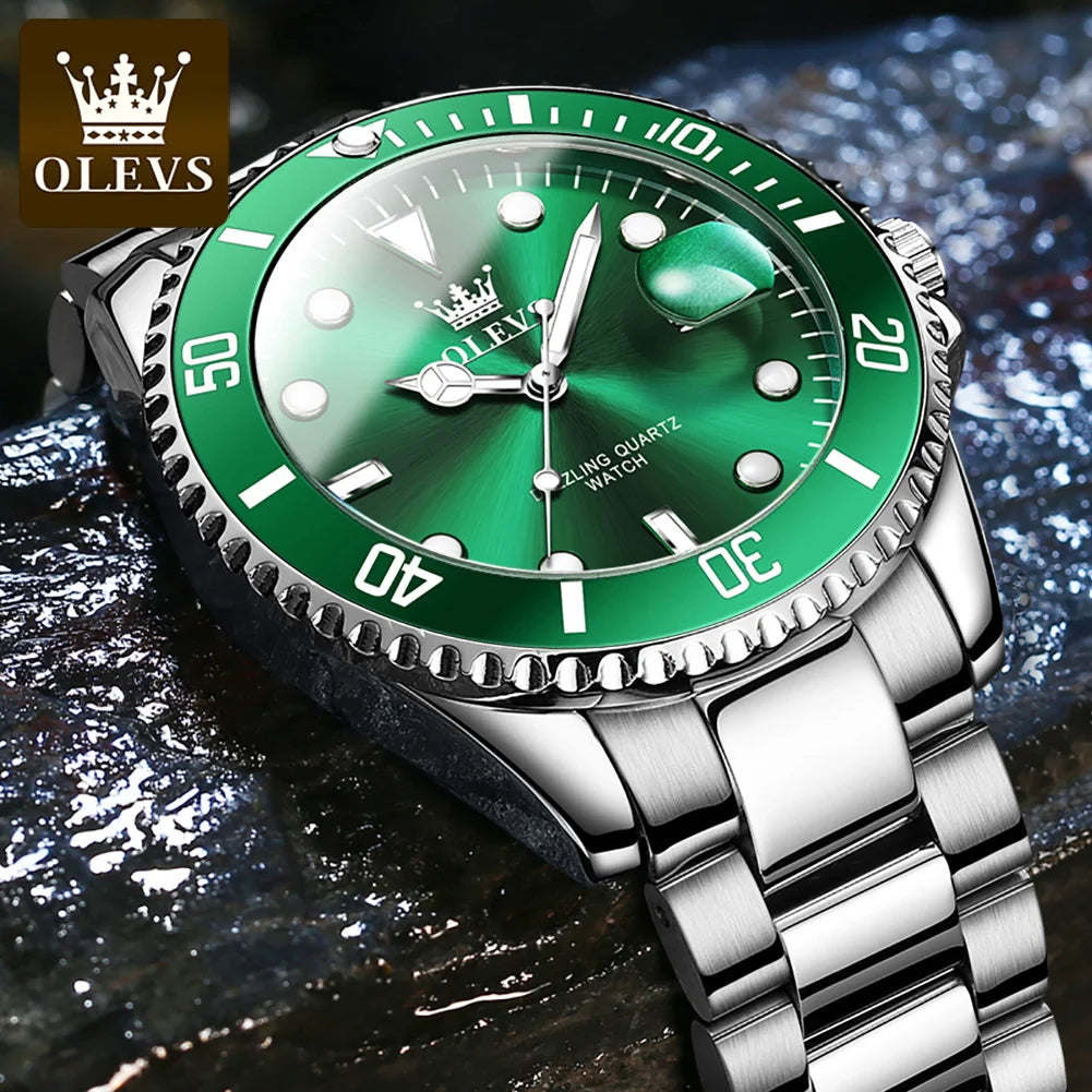 OLEVS 5885 Men's Watches Business Stainless Steel Strap Green Quartz Watch Waterproof Calendar Luminous High Quality Wristwatch