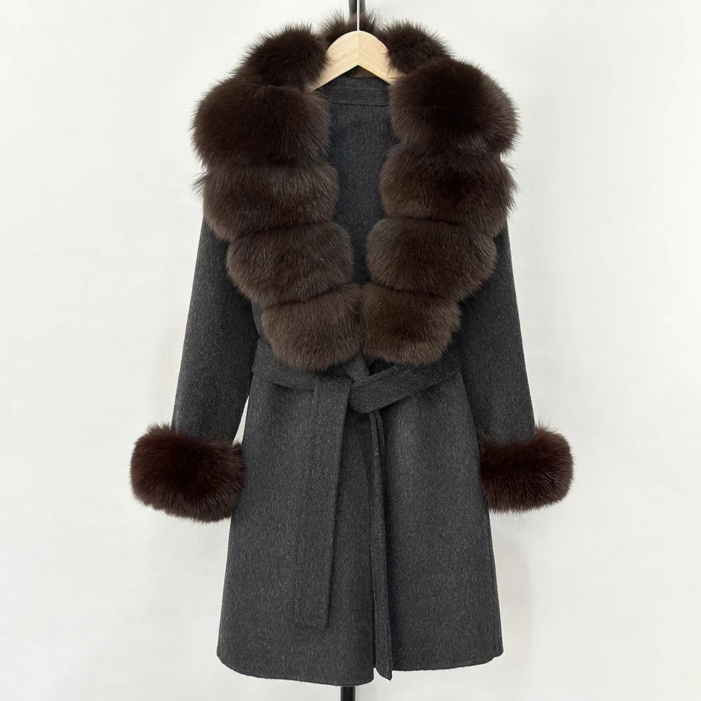 Elegant Woolen Jacket Autumn Winter Wool Coat Women Real Fox Fur Collar Single Breasted Wool Blends Jacket Natural Raccoon Fur