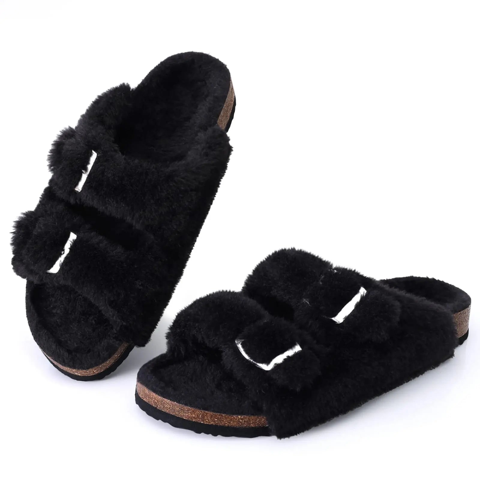 Litfun Winter Women's Fluffy Cork Slippers Comfy Arch Support Fuzzy Slippers Open Toe Plush House Slides With Adjustable Buckle