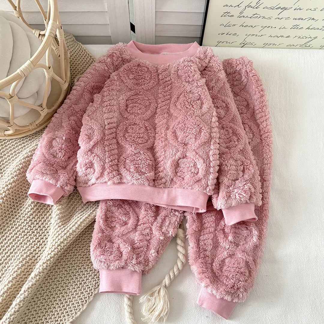 1Set Kids Warm Clothing Sets Winter Flannel Homewear Sets Children's Thermal Pajamas Boys Girls Thick Coral Velvet Two-piece Set