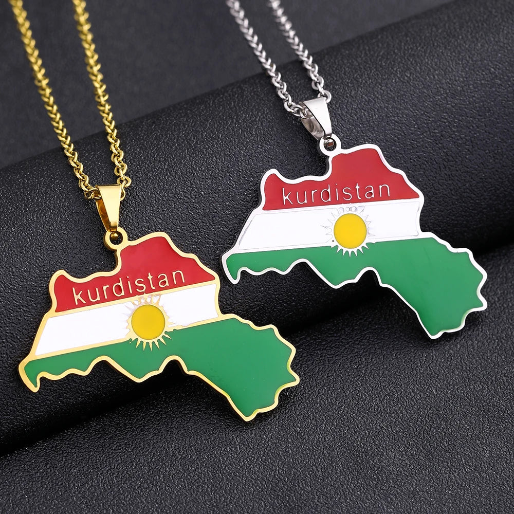 Kurdistan Map Flag Pendant Necklace Stainless Steel Gold Silver Color Men Women Country Map Jewelry Gift