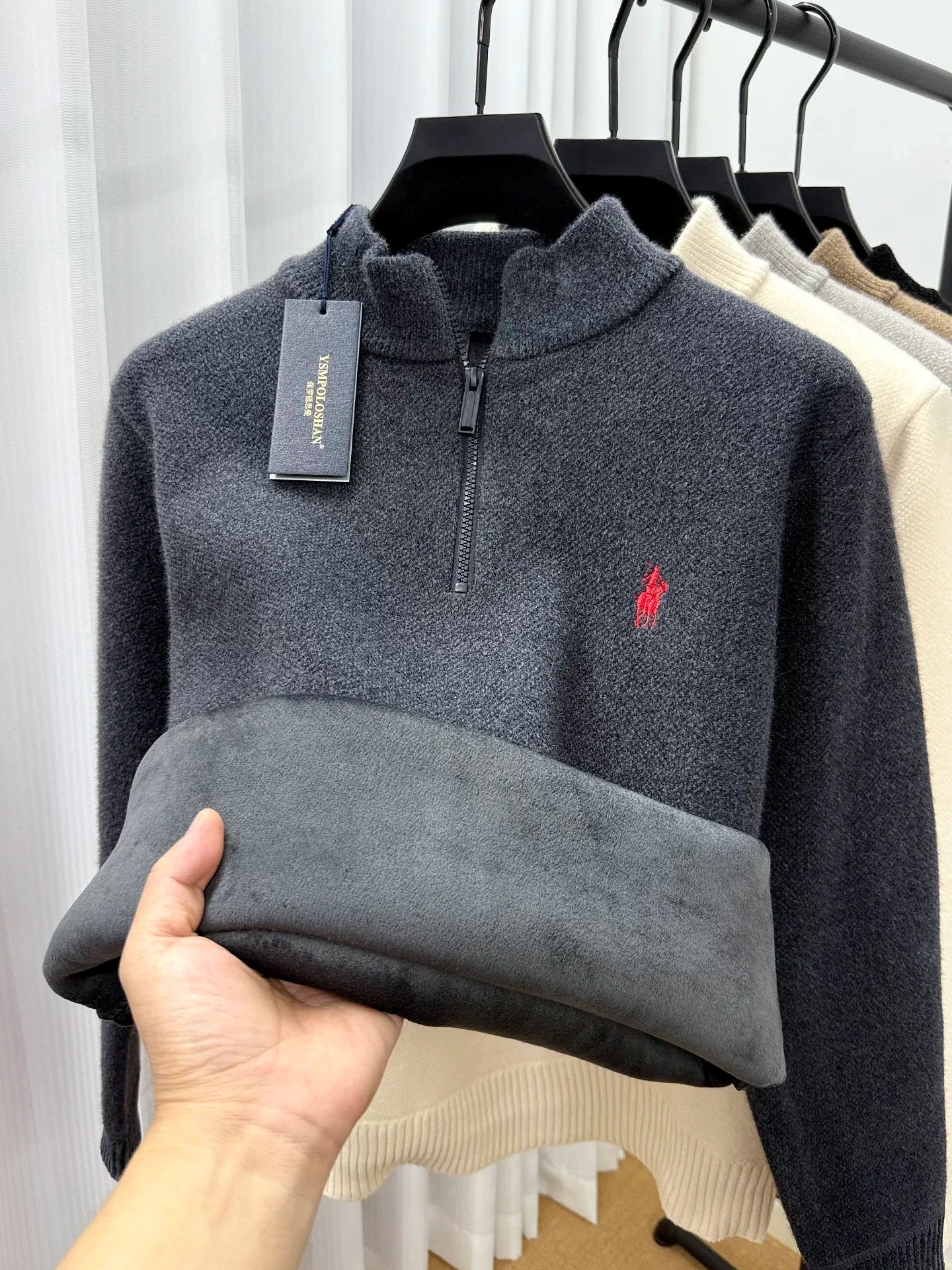 High end half zipper stand up collar knitted sweater men winter new thick warmth fashion designer brand pony embroidery pullover