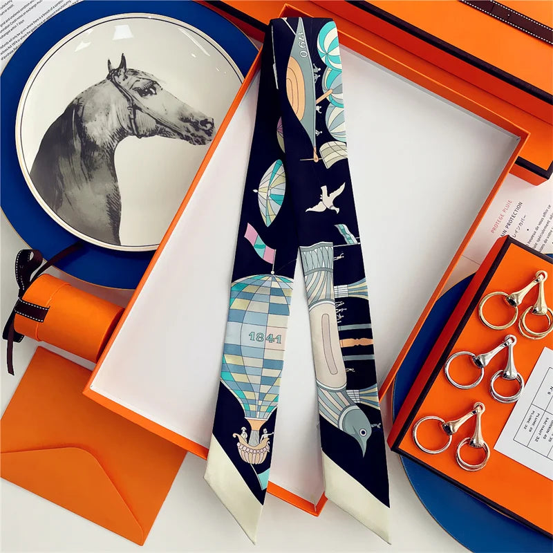 100% Silk High Quality Luxury Brand Scarf Women Headband Hair Band Foulard Tie Ribbon Neckerchief Skinny Scarves Accessories