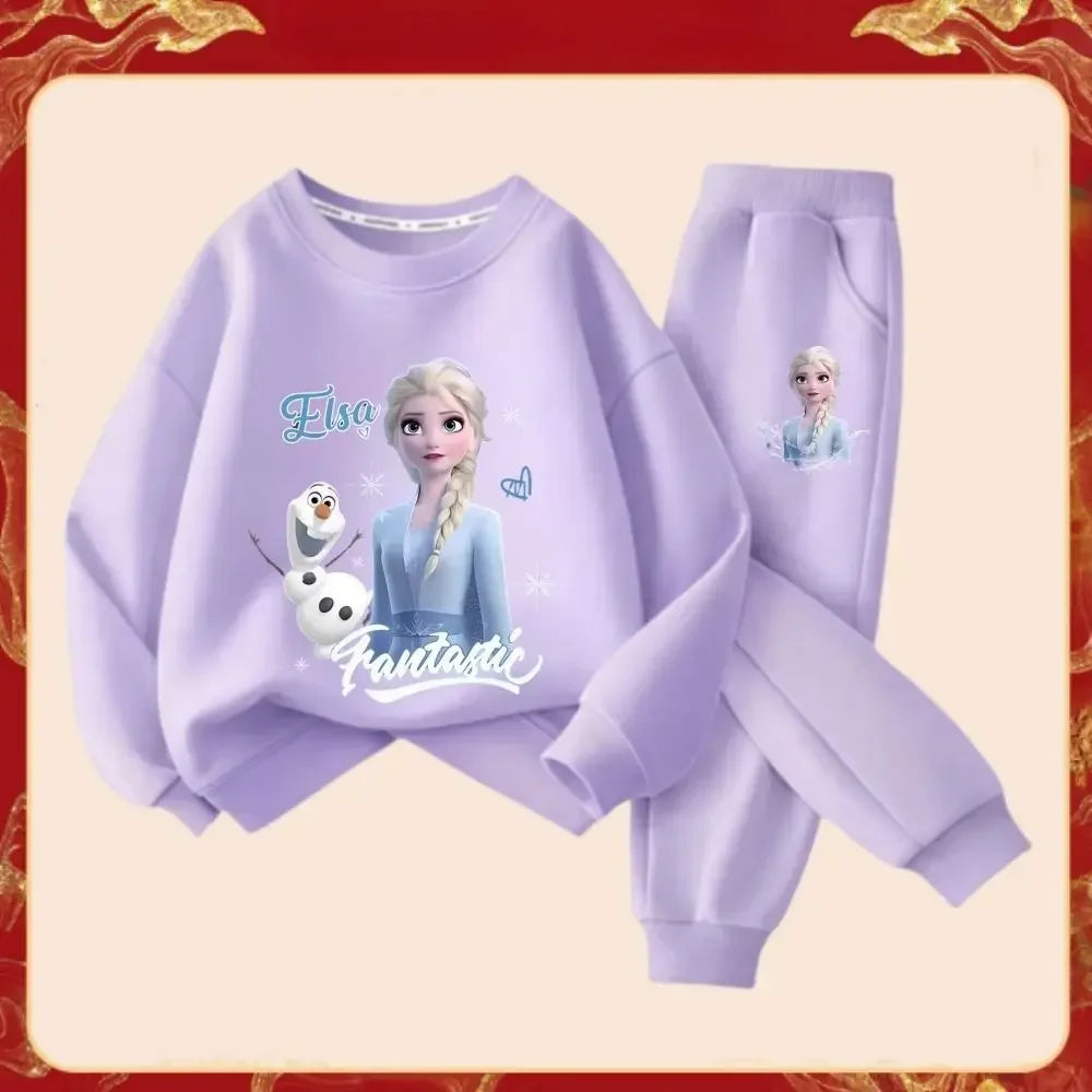 Disney Frozen Elsa Princess Girl's Fashion Cartoon Printed Tracksuits Spring Kid's Long Sleeve Sports Two-piece Suit Sweatshirt