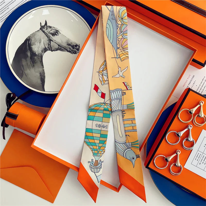 100% Silk High Quality Luxury Brand Scarf Women Headband Hair Band Foulard Tie Ribbon Neckerchief Skinny Scarves Accessories