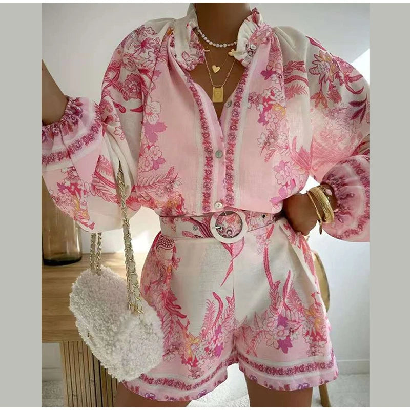Casual Print Tops Shorts Sets Women's Loose Stand Collar Lantern Sleeve Top High Waist Short Pant 2025 Summer Lady Vacation Suit