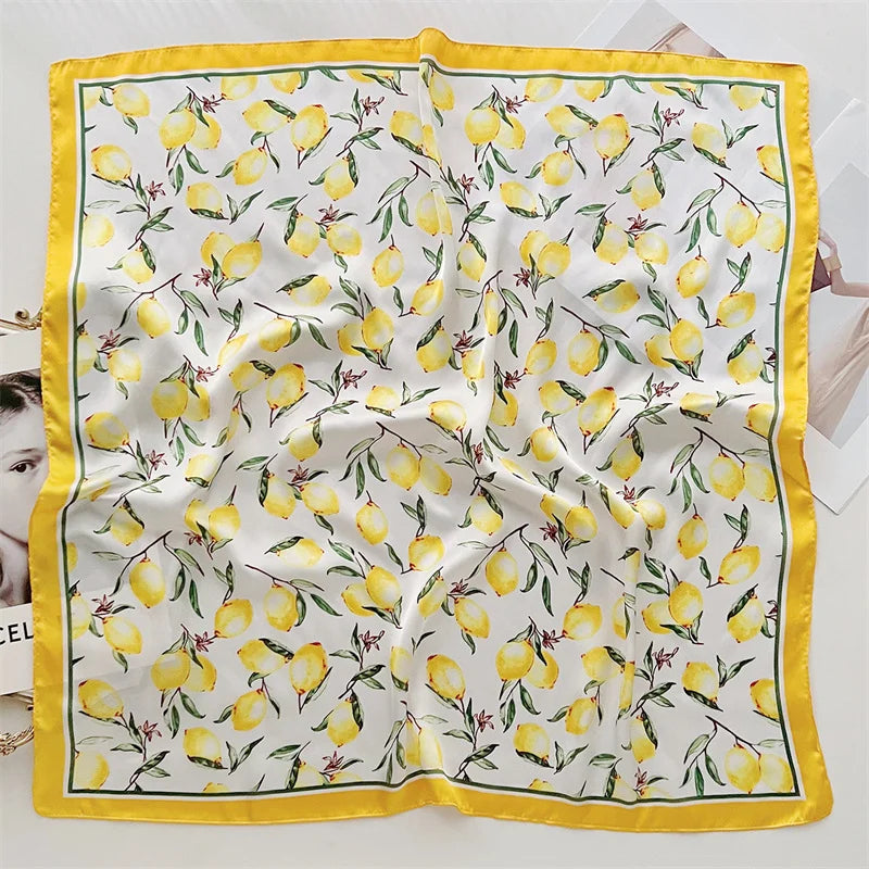 70cm Square Lemon Print Yellow Square Silk Scarf Casual Elegant Thin Breathable Neck Women Windproof Head Wrap Hair Scarves