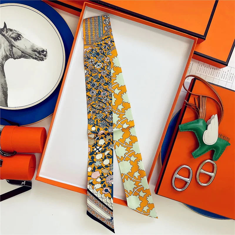 100% Silk High Quality Luxury Brand Scarf Women Headband Hair Band Foulard Tie Ribbon Neckerchief Skinny Scarves Accessories
