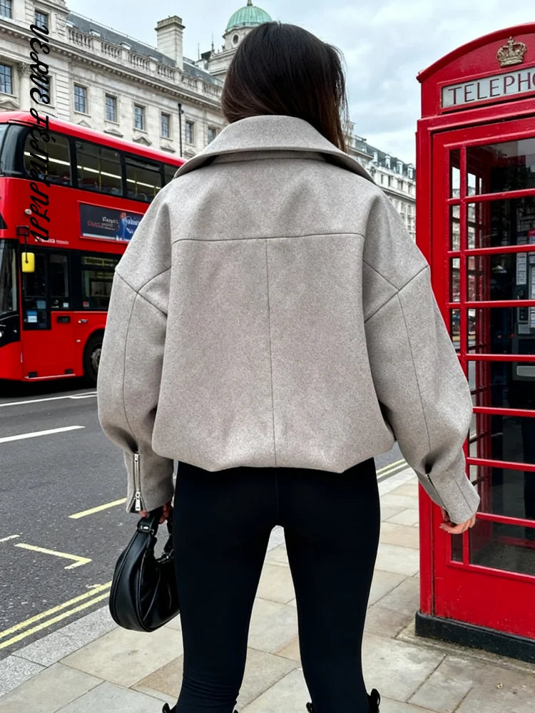Patchwork Reversible Vest Coats Women Luxury Faux Cashmere Lantern Sleeve Loose Bomber Jacket Autumn Winter Versatile Outerwears