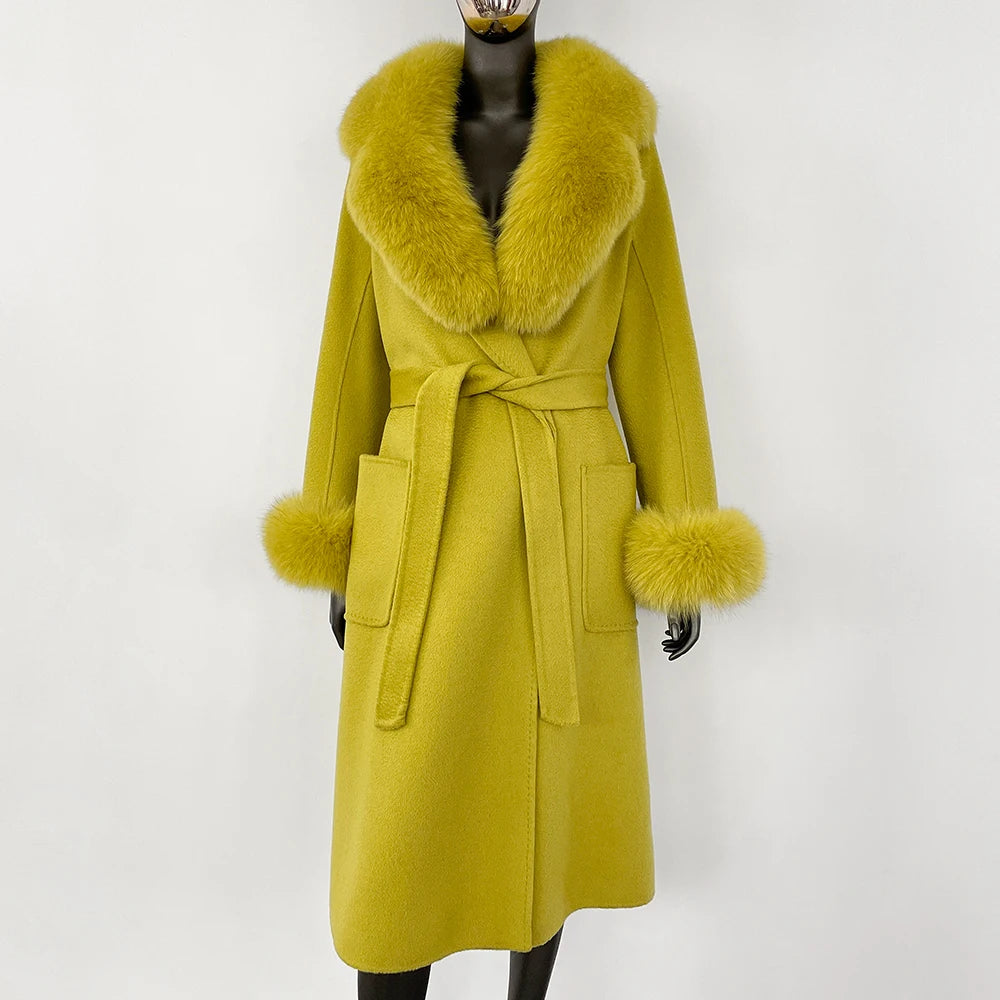 100% Wool Water-Corrugated Woolen Coat with Detachable Fox Fur Collar Women Daily Casual Wear 2024 Autumn Winter Original Design