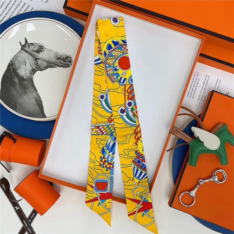100% Silk High Quality Luxury Brand Scarf Women Headband Hair Band Foulard Tie Ribbon Neckerchief Skinny Scarves Accessories