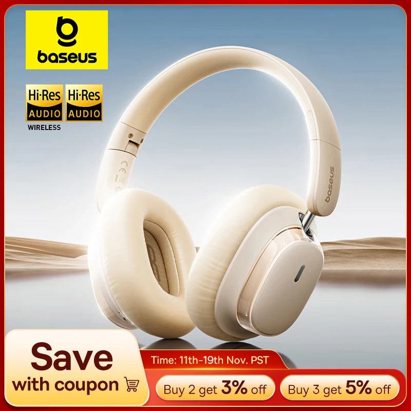 Baseus Bowie H1s Wireless Headphones Bluetooth 5.4 Noise Canceling 46dB Over Ear Headset Hi-Res Spatial Audio Earphone 120H Time