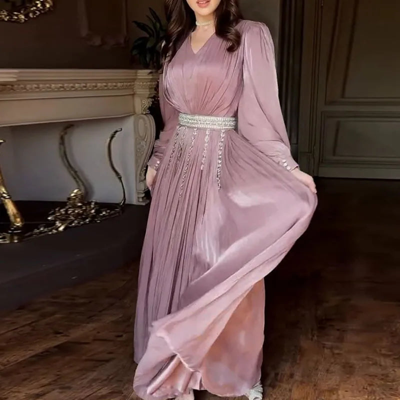 Lady Lantern Sleeve Big Hem Dresses Fashion V-neck Ruffles Gauze Evening Dress Temperament High Waist Solid Color Banquet Dress