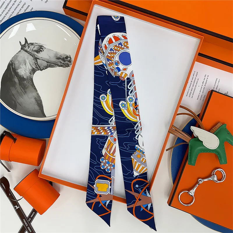 100% Silk High Quality Luxury Brand Scarf Women Headband Hair Band Foulard Tie Ribbon Neckerchief Skinny Scarves Accessories