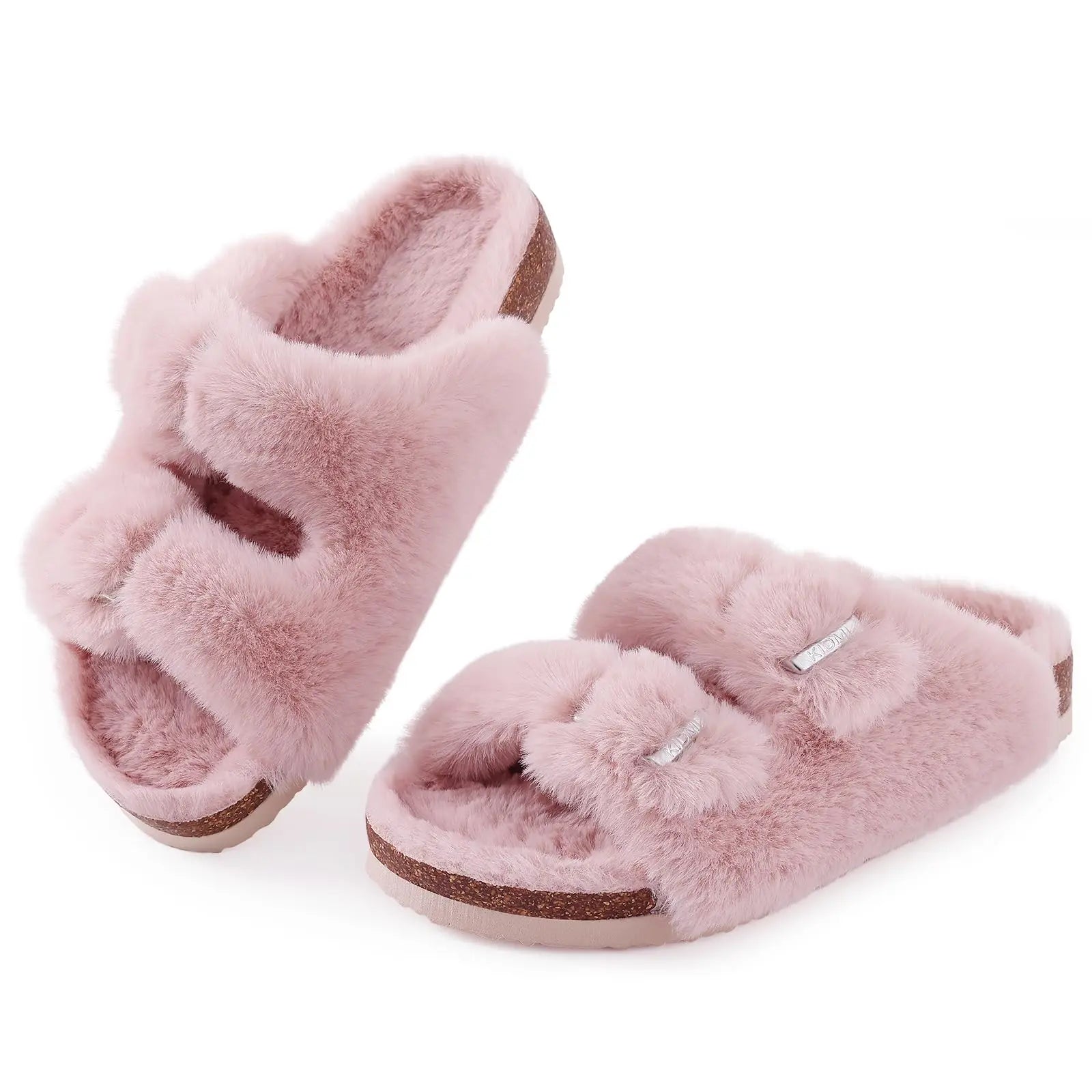 Litfun Winter Women's Fluffy Cork Slippers Comfy Arch Support Fuzzy Slippers Open Toe Plush House Slides With Adjustable Buckle