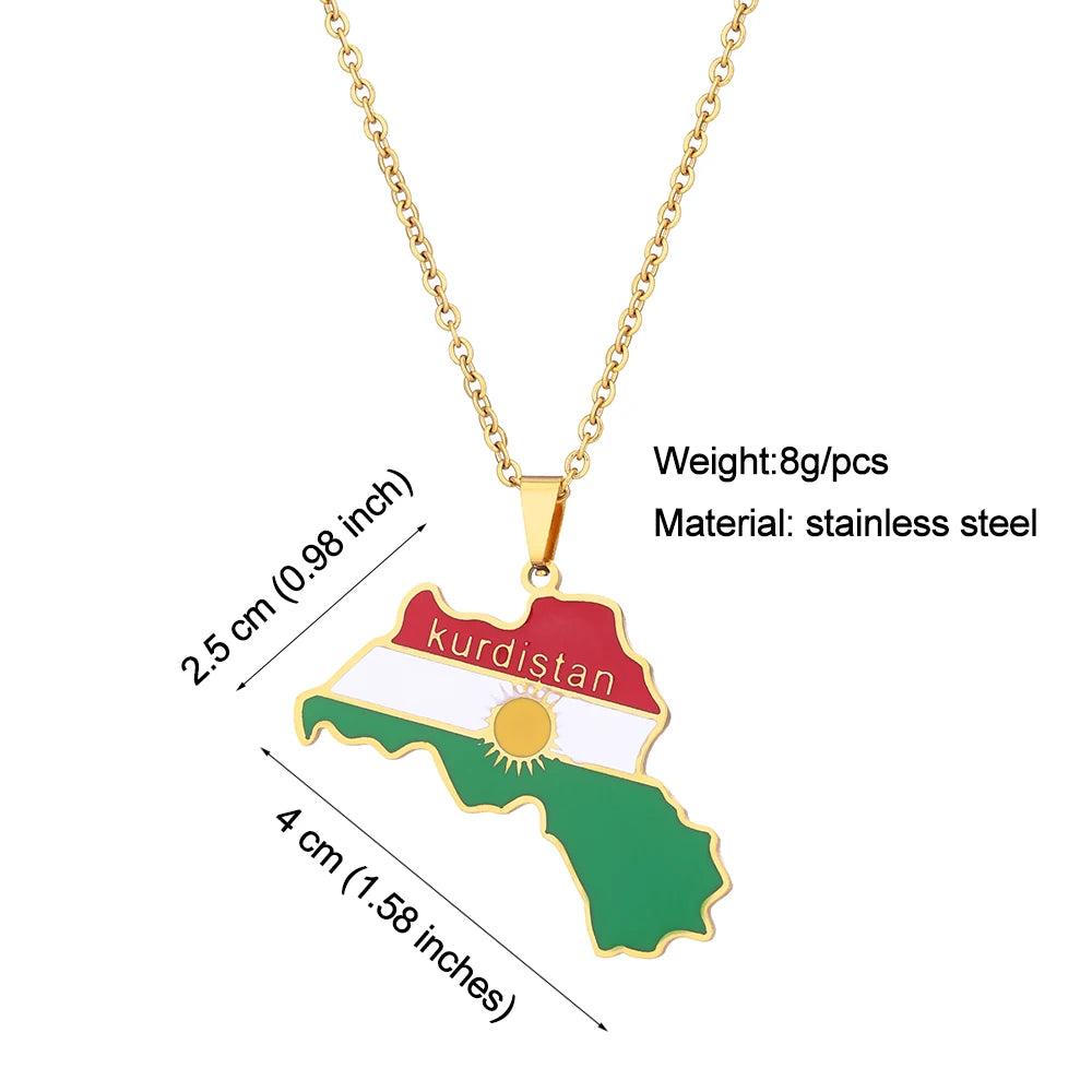 Kurdistan Map Flag Pendant Necklace Stainless Steel Gold Silver Color Men Women Country Map Jewelry Gift