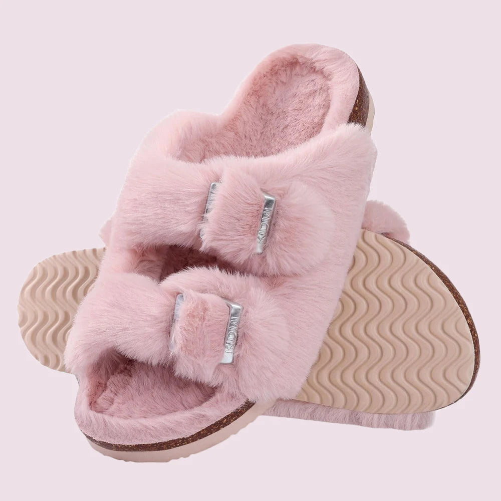 Litfun Winter Women's Fluffy Cork Slippers Comfy Arch Support Fuzzy Slippers Open Toe Plush House Slides With Adjustable Buckle