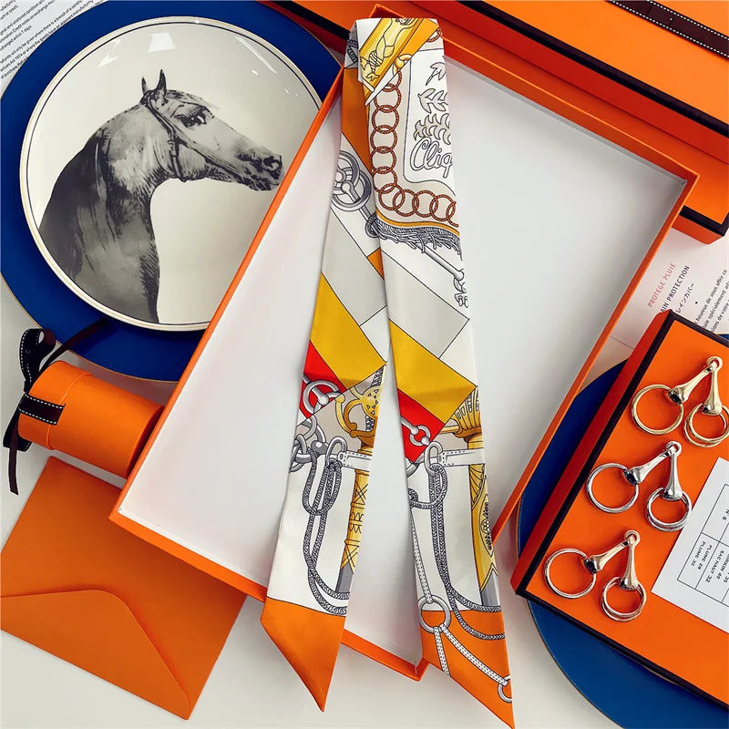 100% Silk High Quality Luxury Brand Scarf Women Headband Hair Band Foulard Tie Ribbon Neckerchief Skinny Scarves Accessories