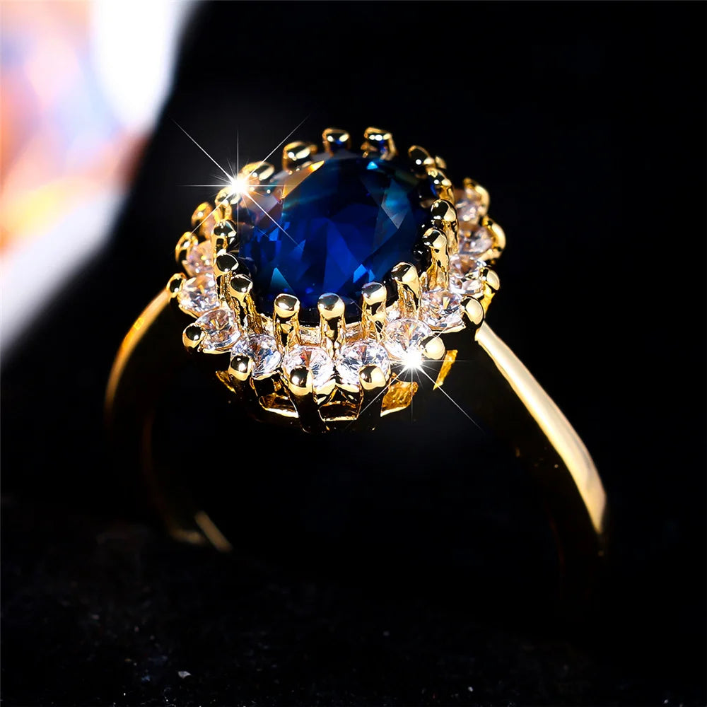 Mila Jewelry Ring, oval blue crystal with zircon stone, vintage yellow and gold