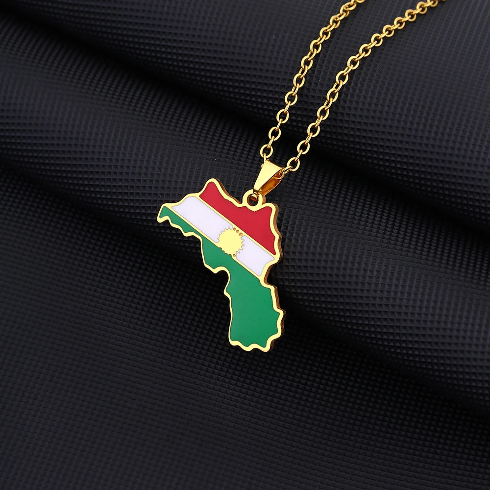 Kurdistan Map Flag Pendant Necklace Stainless Steel Gold Silver Color Men Women Country Map Jewelry Gift