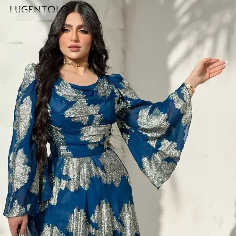 Women Party Dress Long Sleeve Sequins Chiffon Spring Summer Empire Lady Vintage Big Swing Elegant Dance Maxi Dresses