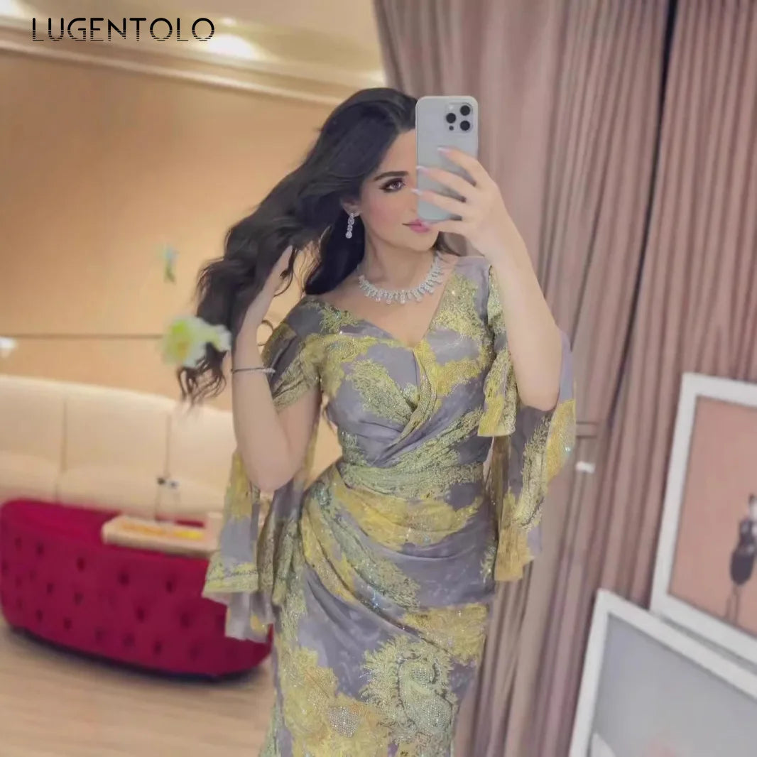 Women Chiffon Sexy Dress Big Swing Print Banquet Long Sleeve V-neck Slim Lady Elegant Cocktail Party Empire New Clothing