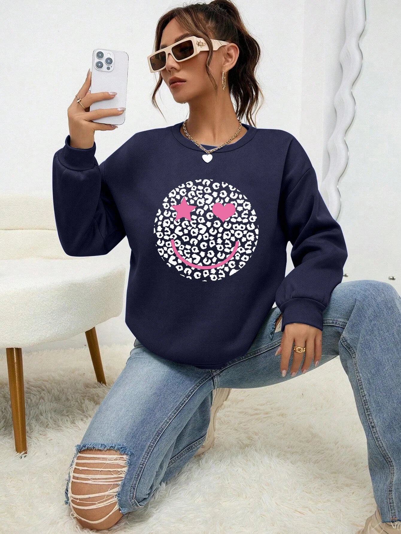 Leopard Print Happy Face Love  Printed Sweatshirt Womens Autumn Soft Hoody Fleece Warm Hoodies Street All-Match Female Pullover