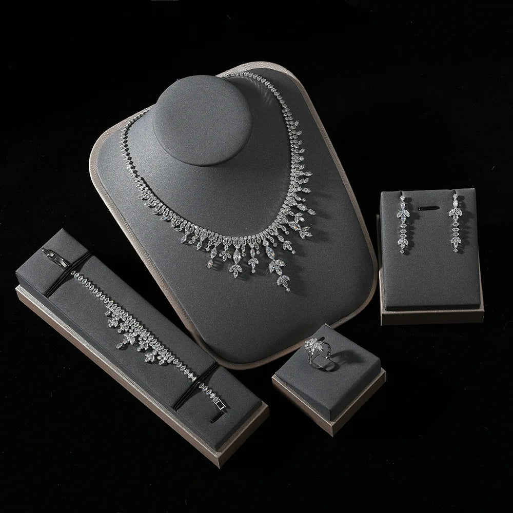 4pcs Bridal Jewelry Sets For Wedding Zirconia CZ Saudi Dubai Indian Necklace Earring Bracelet Set For Women Party Prom Jewelley