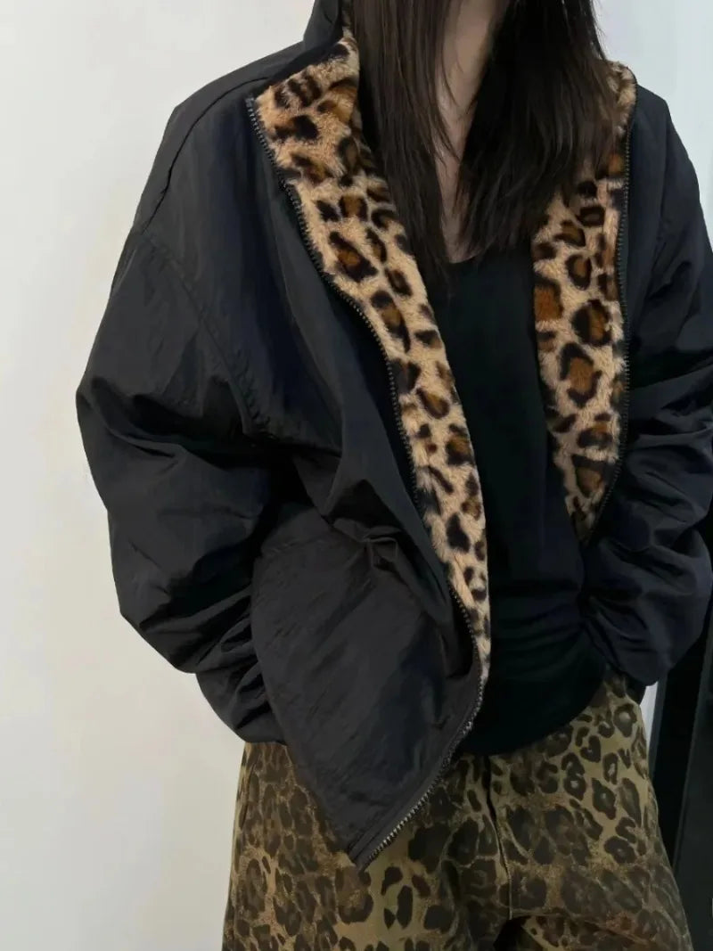 American Retro Harajuku Leopard Print Reversible Zipper Jacket Women Streetwear Trendy Casual Autumn and Winter Warm Plush Coat