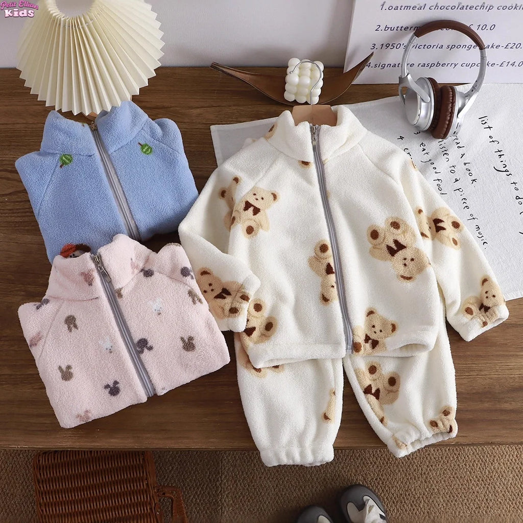 Baby Boy Girl Plush Fleece Tracksuit Sets 1-8Y Thickened Warm Cartoon Print Zipper Jacket Pants 2Pcs Kids Autumn Winter Outfit