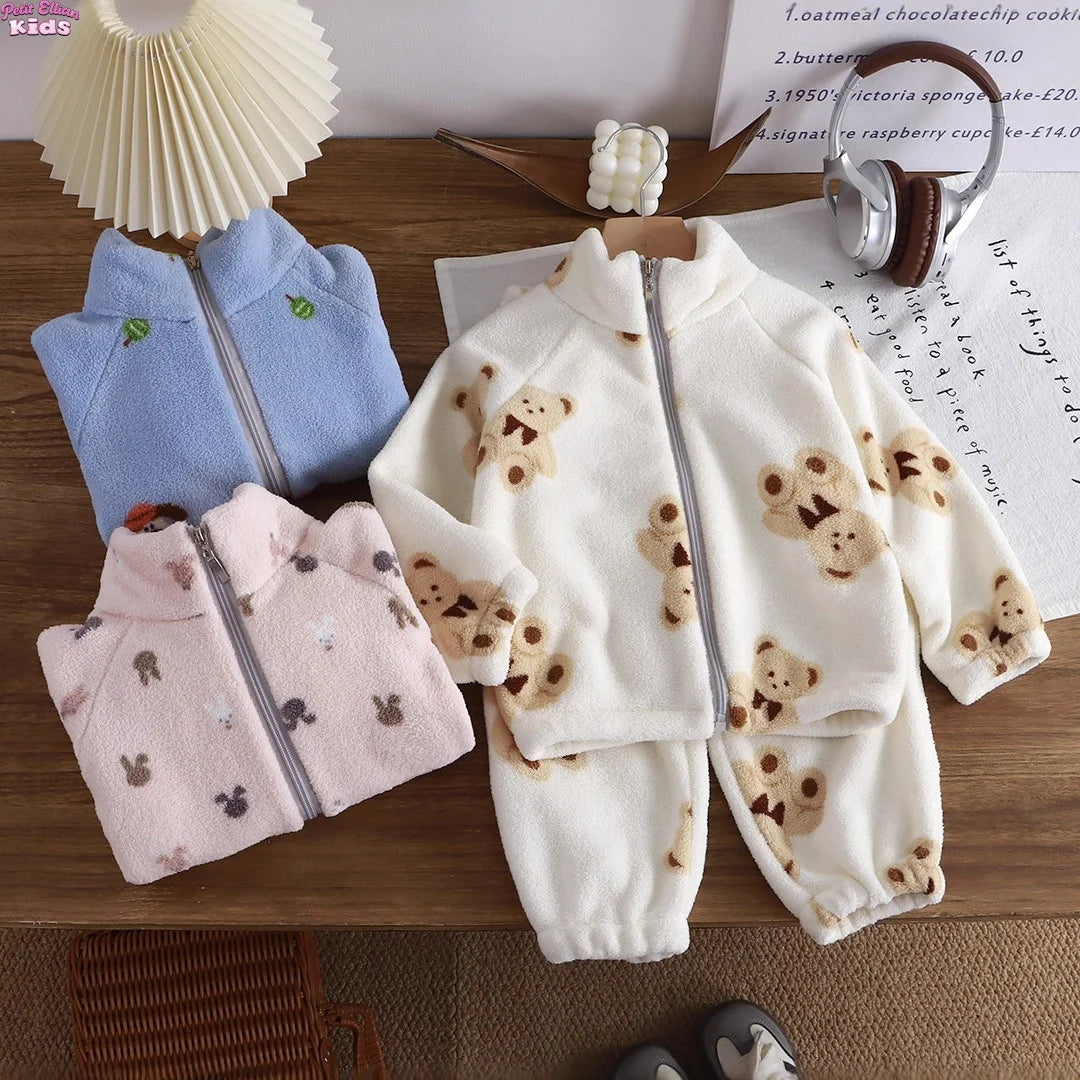 Baby Boy Girl Plush Fleece Tracksuit Sets 1-8Y Thickened Warm Cartoon Print Zipper Jacket Pants 2Pcs Kids Autumn Winter Outfit