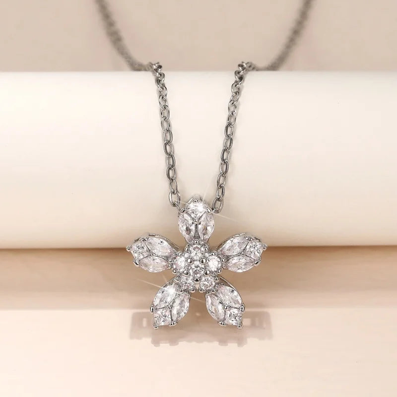 CAOSHI Exquisite Silver Color Flower Shaped Pendant Necklace with Bright Cubic Zirconia Elegant Daily Wearable Neck Accessories